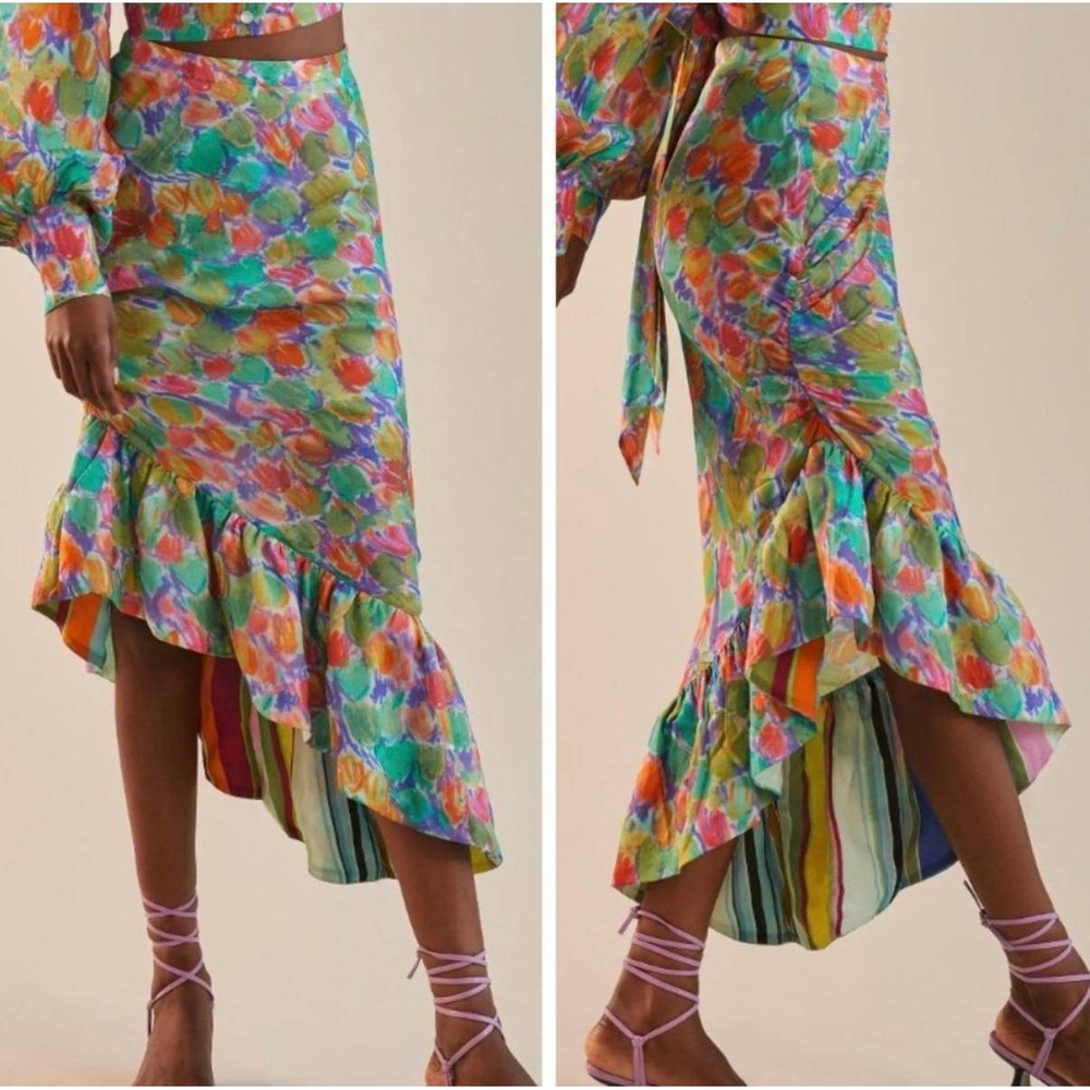 Hope for Flowers Tracy Reese Cupro Floral Ruffle Asymmetric Maxi Skirt XS‎